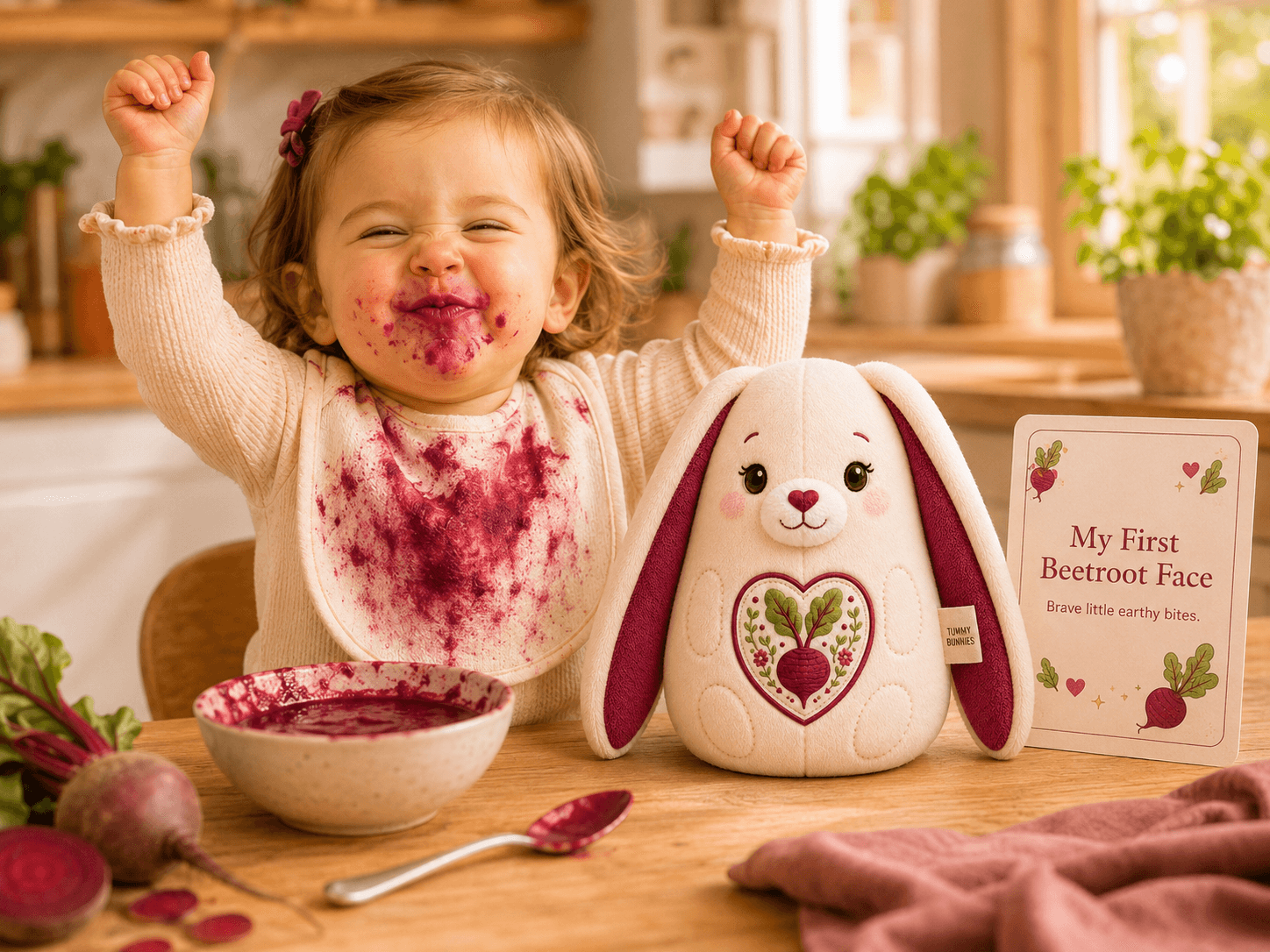 Child celebrating next to Beet Bunny and first taste card